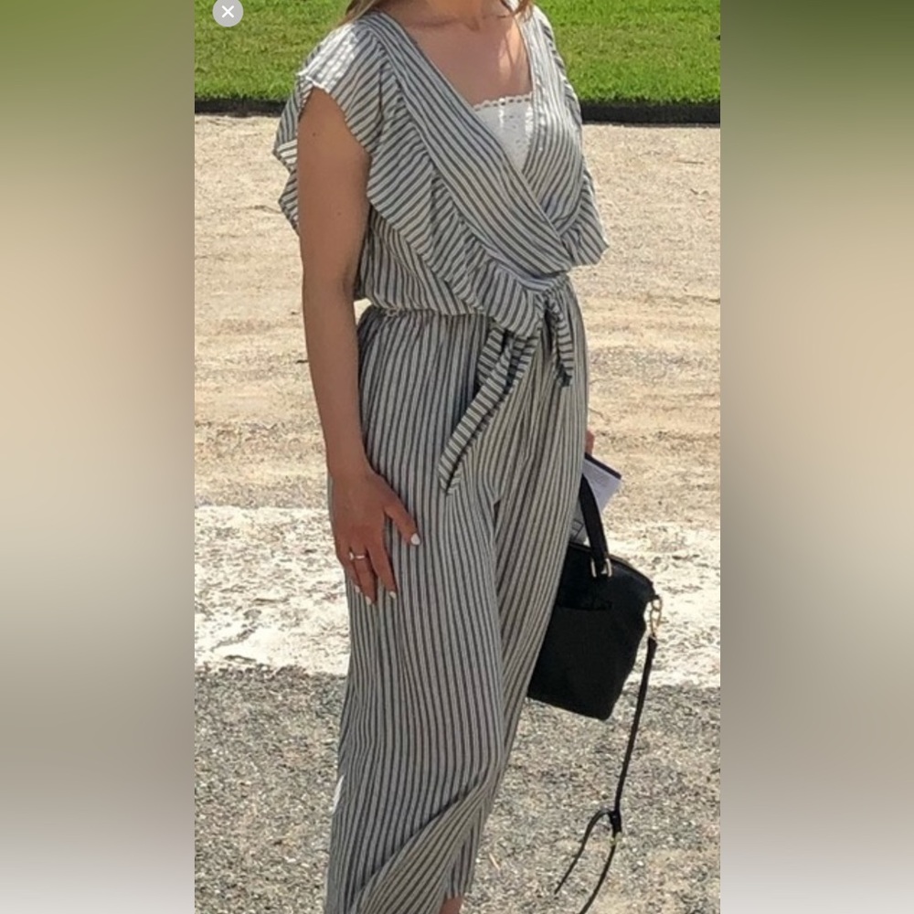 Altar'd State Black and White Striped Jumpsuit with Tie Waist
